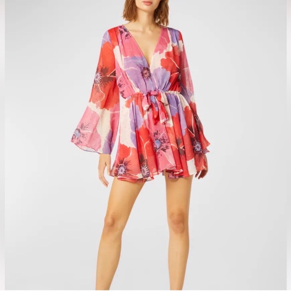 MISA Kaia Dress Poppy Love Floral Metallic Bell Sleeve Mini NWT XS